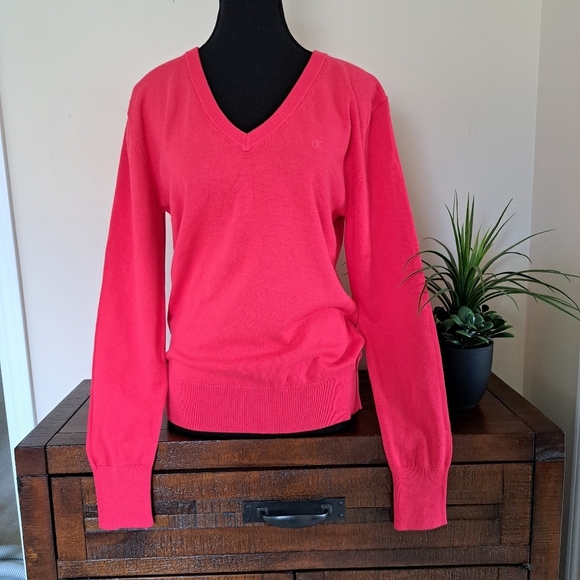Calvin Klein Jeans V-Neck Sweater Women's Small Pink Cotton Knit Top NWT - Picture 2 of 10